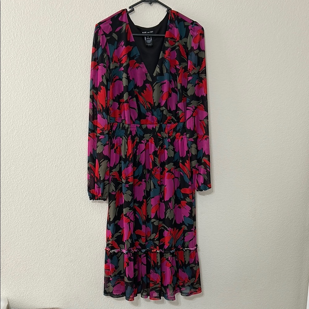 Pink and Red V-Neck Bishop Sleeve Sundress